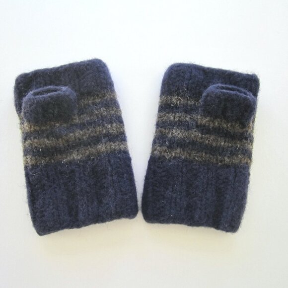 Handmade 🇨🇦 Wool Felt Fingerless Mittens - Blue and Grey Stripes - Picture 2 of 7